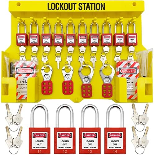 Zamki i zasuwy |   Stacja Lockout Tagout, Zestawy LOTO, Zawiera 14 różnych kłódek z numerami, 4 zapięcia lockout, 40 etykiet lockout, 20 kabli nylonowych (Duża stacja kłódek) Żółta Zamki i zasuwy Zamki i zasuwy